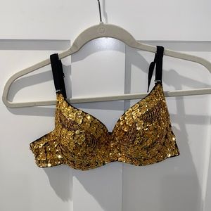 Sparkly sequin gold bra top, adjustable straps, size medium